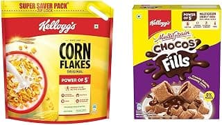 Kellogg's Corn Flakes Original, High in Iron & BGroup Vitamins, Breakfast Cereals, 1.2kg + Chocos Fills, Double Chocolaty, Multigrain, High in Protein & B Vitamins, 0% Maida, Anytime Snack 250g
