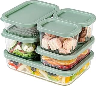 Nestasia Groovo Glass Containers for Fridge Storage Set of 6 (S-310ml x 2, M-520ml x 2, L-750ml, XL-1200ml) Transparent Stackable Glass Container with Lid, Microwave & Dishwasher Safe (Green)