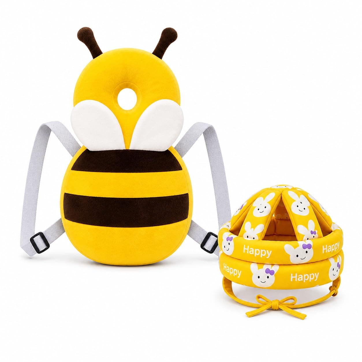 GLUN® Baby Back Protector with Head Protective Hat Combo Set, Cute Honey Bee Shape Soft Cushioning, Adjustable Shoulder Belt, Head Protection Gear for 6-18 Month Toddler Kids