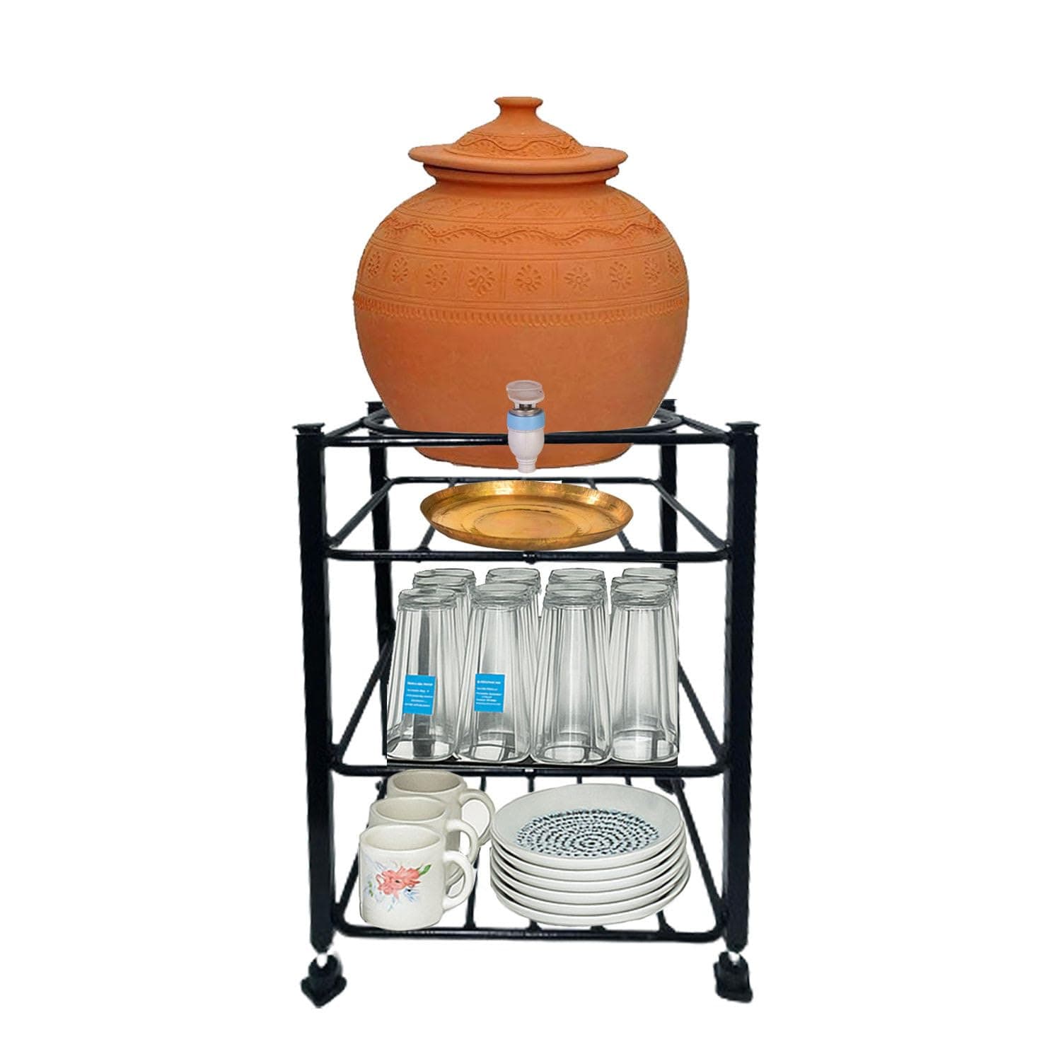A to Z Hub Laksh Casa 3-Tier Water Mataka Pot Stand Rack: Cup, Glass, Dish with Adjustable Bush clay pot holder,water matka pot holder,kitchen platform stand
