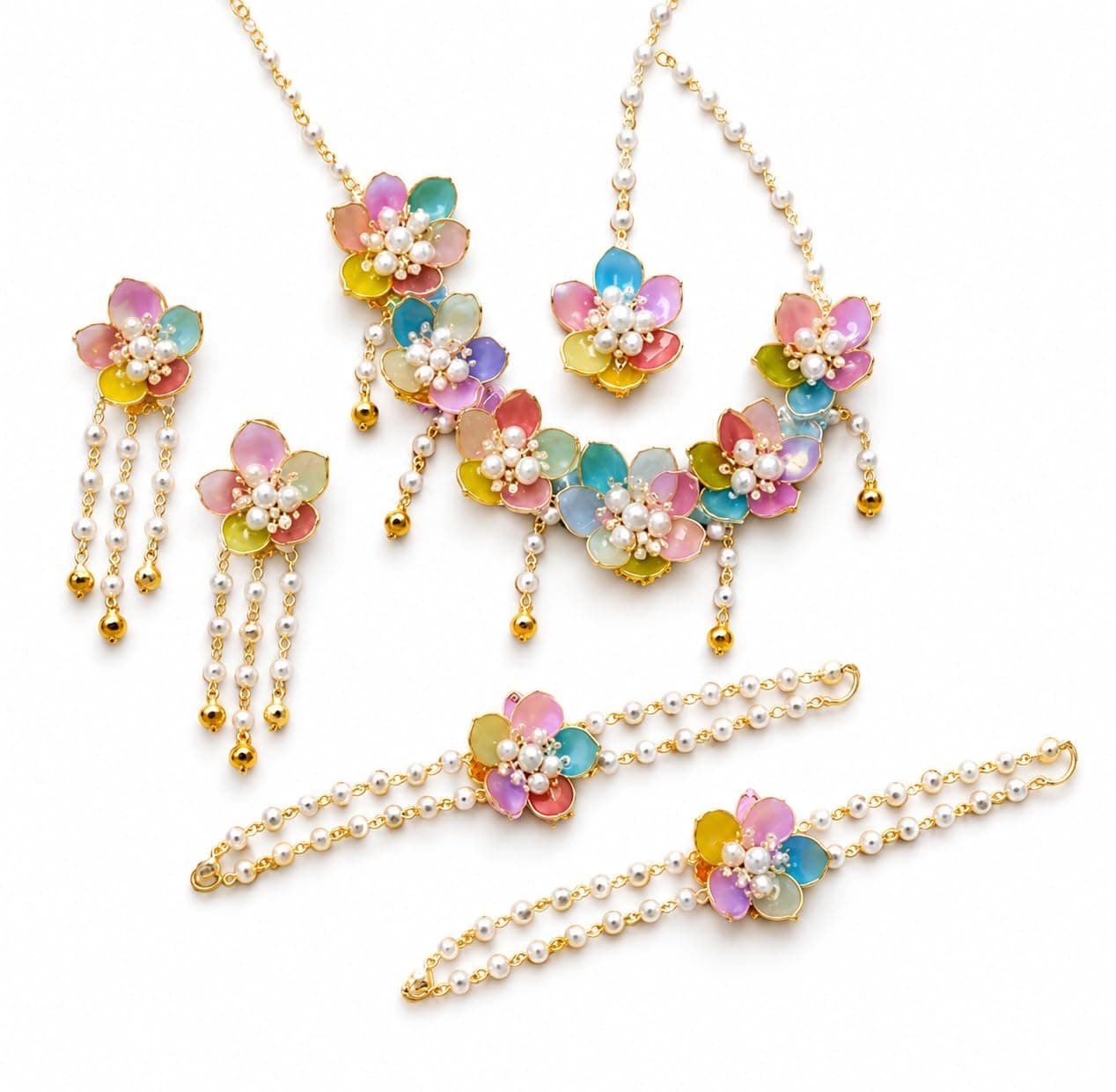 Koogly Multicolour Floral Jewellery Set, Pearl Beaded Chain Necklace, Earrings and Bracelet for Haldi and Mehandi Ceramony (SET OF 1)