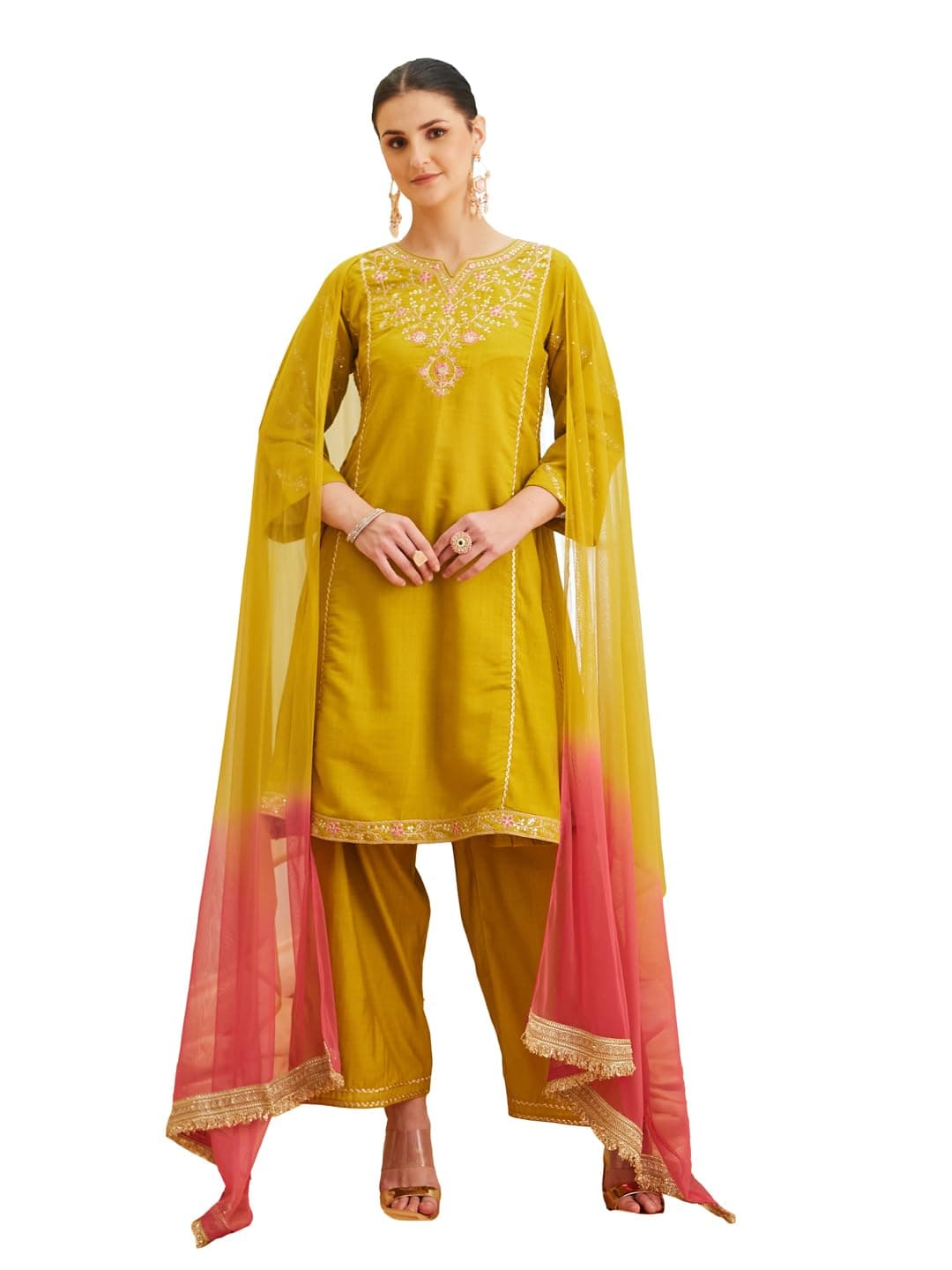 MOKOSH Women's Silk Embroidered Anarkali Kurta Palazzo Dupatta Set | Ethnic wear | 3 Piece Outfit | Festive Kurta Set | Kurta Palazzo Pant Dupatta Set | Sweetheart Neck