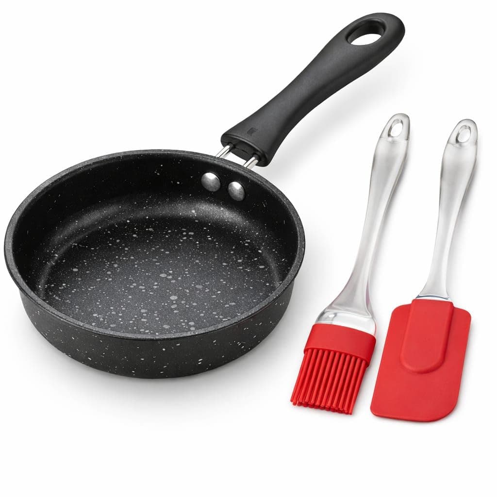 HNGVH Small Non-Stick Frying Pan with Spatula and Oil Brush,12cm Non Stick Cookware Omelette Portable Kitchen Supplies Home Mini Breakfast Cute Long Handle Frying Pan Anti-Scratch Coating