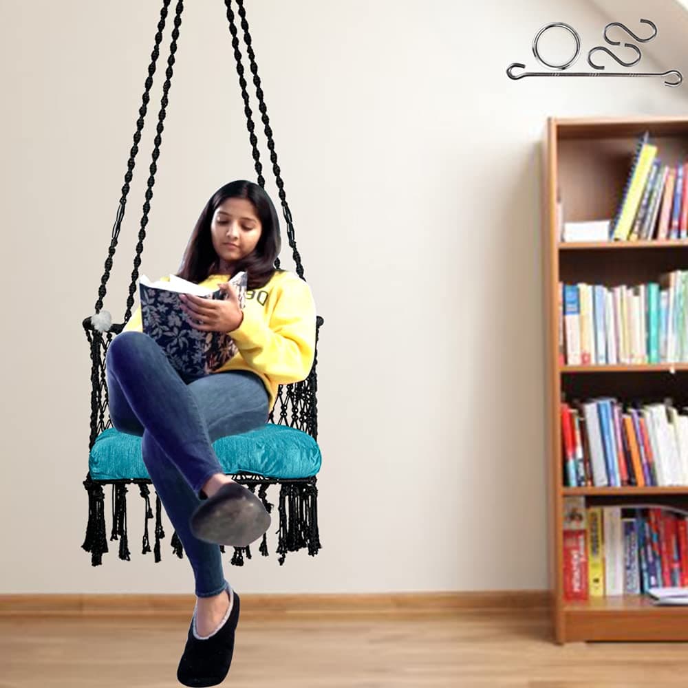 Patiofy Made in India Premium Cotton C-Swing Chair for Adults, Kids Hammock-Hanging Chair Swing with Blue Color Cushion and Accessories (Black-Blue)
