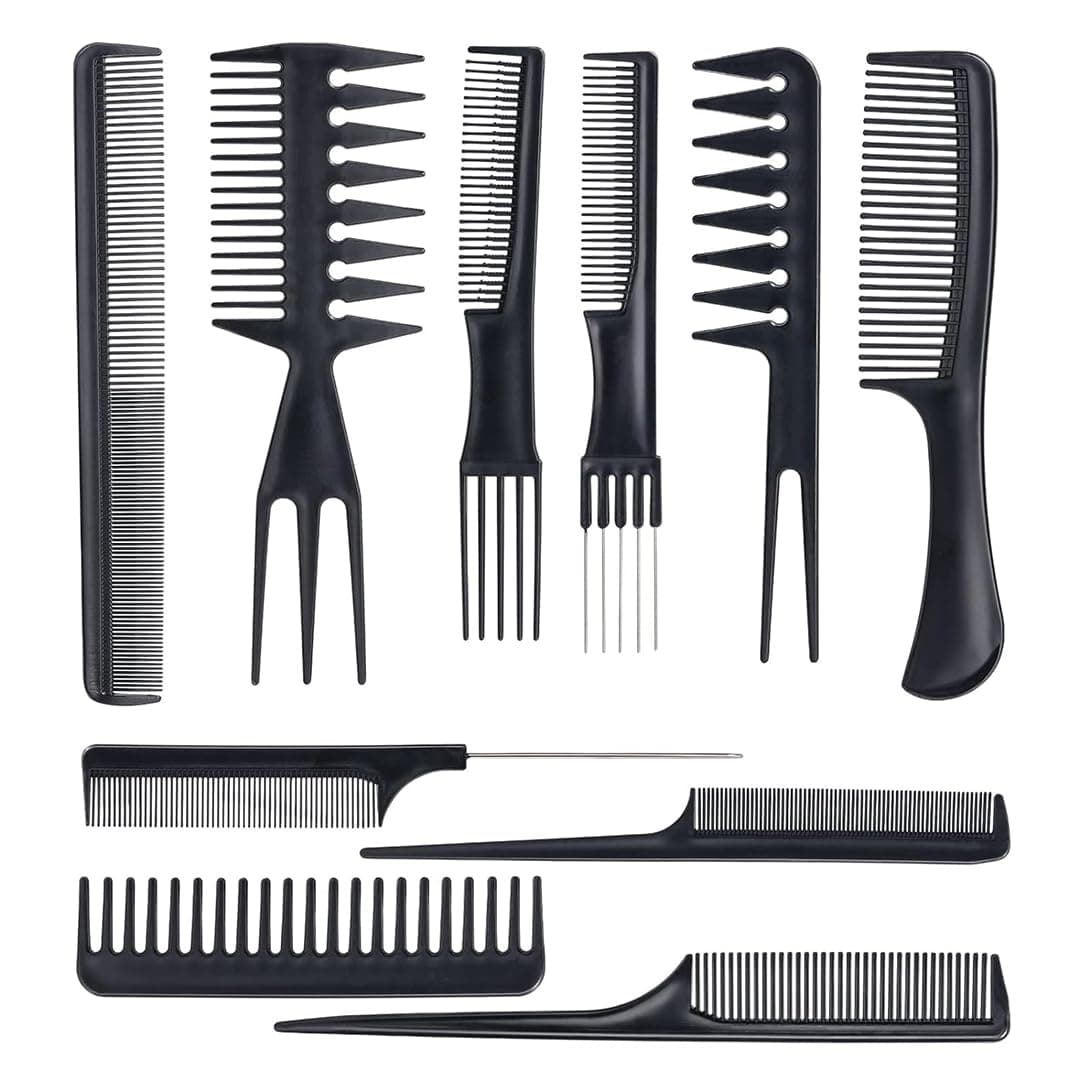 Multibrite Professional 10-Piece Heat-Resistant Anti-Static Hair Styling Comb Set, Black, Unisex, Adults, All Hair Types, Plastic, For All Ages, Genders, Professionals, Personal Use