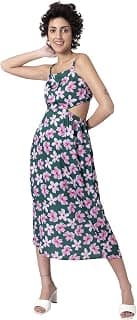FabAlley Women's Satin Green Floral Cut Out Back Midi Dress