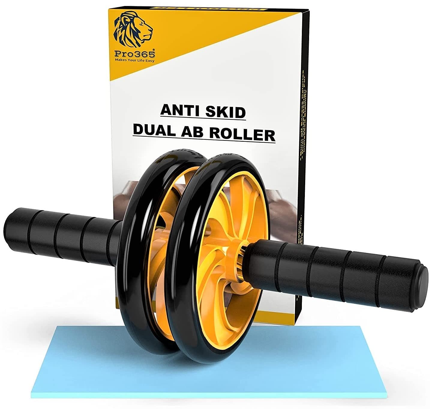 PRO365 Home Gym Ab Roller/Indoor Ab Wheel for Abs Workouts 6 Month Manufacturer Warranty/Dual Abdominal Exercise/Core Workouts for Men and Women (6 MM Safe Knee Mat, Yellow Roller)