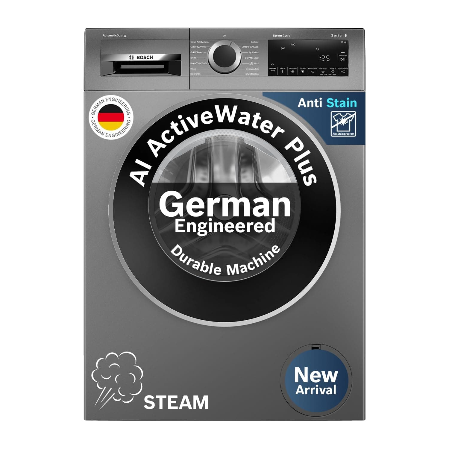 Bosch 10 kg 5 Star Front Load Fully Automatic Washing Machine, AI ActiveWater, Automated Dosing of Detergent, Inbuilt heater,14 Wash Programs,60L Large Drum,Cast Iron Grey, WGA254IRIN (2026 model)