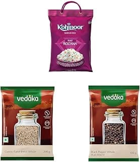 Kohinoor Feast Rozana Basmati Rice, 5 kg, Premium Everyday Rice || Amazon Brand - Vedaka Whole Jeera (Cumin), 200g || Amazon Brand - Vedaka Black Peppercorn (Kali Mirch), 100g