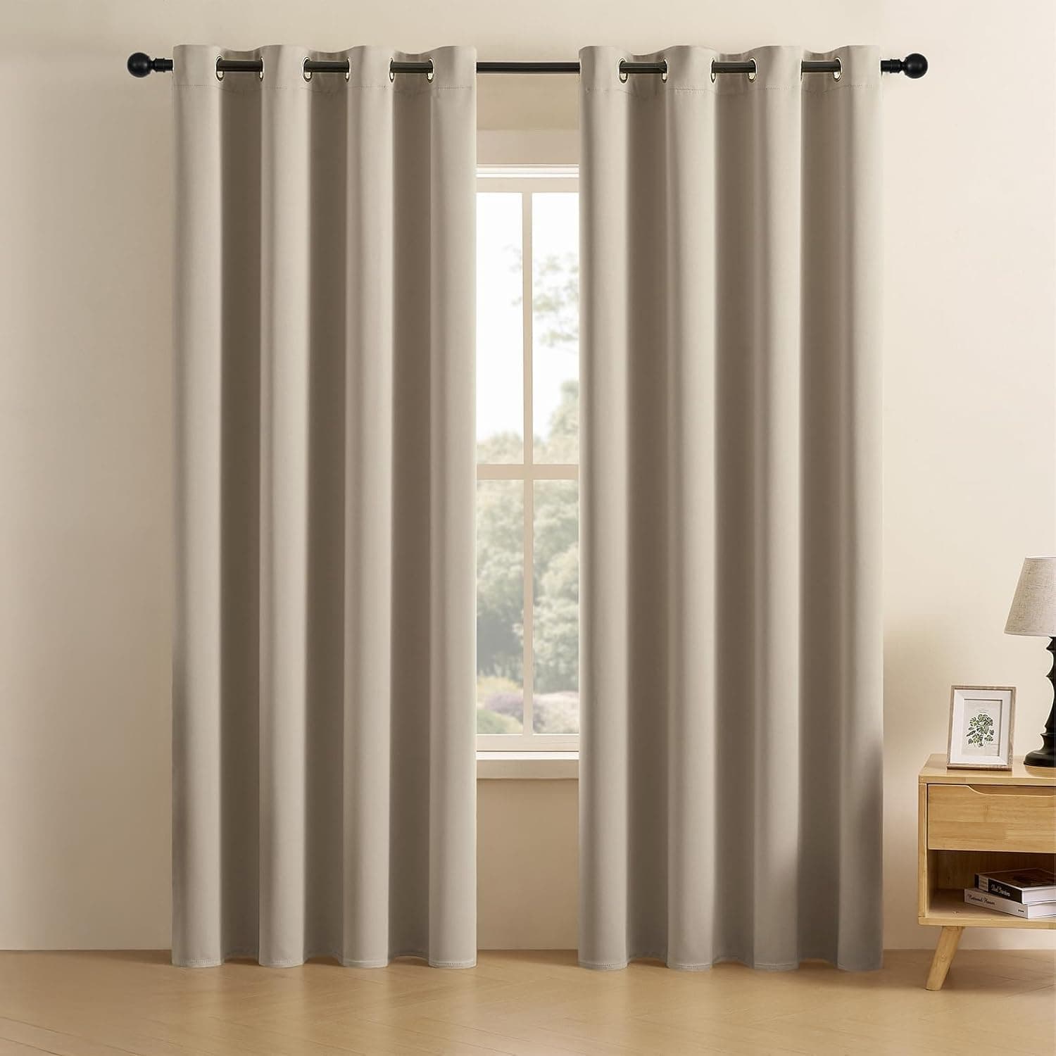 LINENWALAS 100% Solid True Solid Blackout Curtains (7 Feet) - Set of 2 Panels | Complete Light Block | Thermal Insulated & Noise Reducing Room Darkening Curtains for Living Room & Home Décor (Beige)