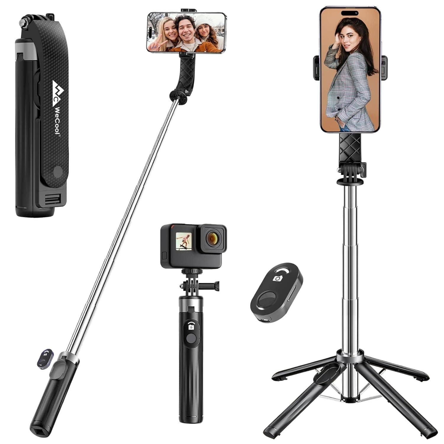 WeCool S3 Selfie Stick Tripod for Mobile with 360° Rotation Offers a 4-Leg Stable Base, extends up to 102 cm, Supports Bluetooth 5.2 with 10m Range, and fits Phones, GoPro, and Cameras via 1/4" Screw.