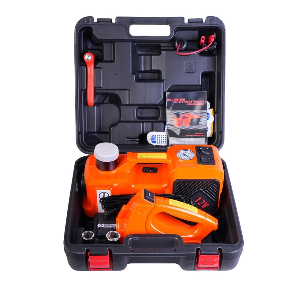 JANVITHA 12V DC Electric Hydraulic Floor Jack Set | 5 Ton Capacity | Lifting Height Up to 17.7 Inches, with Impact Wrench and Tire Inflator Pump | 5-in-1 Kit for Car, Sedan, SUV Tire Replacement
