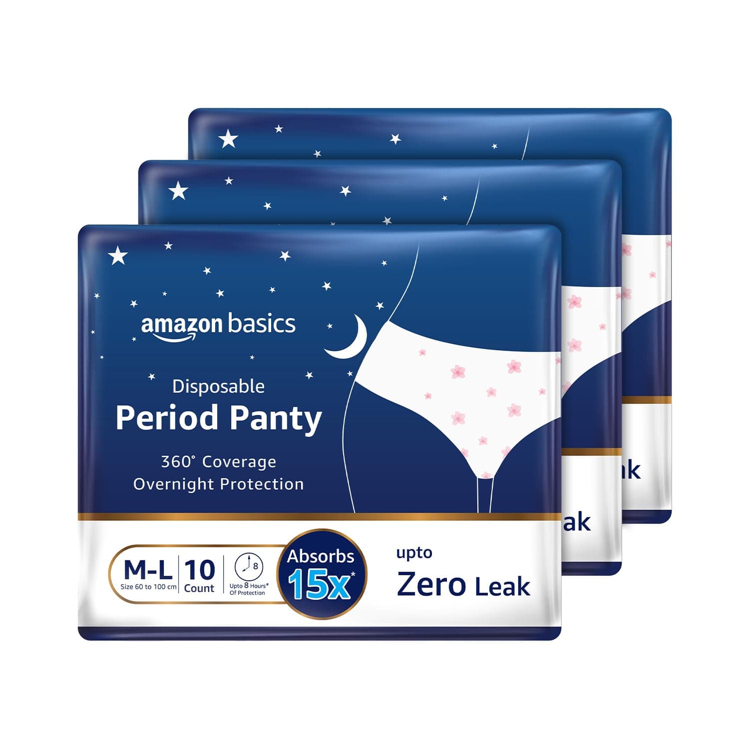 Amazon Basics Disposable Period Panties For Girls & Women | M-L | 30 Count (10 x Pack of 3) | 360° Coverage | Up to 8 Hours of Protection | Leak Proof | Overnight Comfort | Period Panty