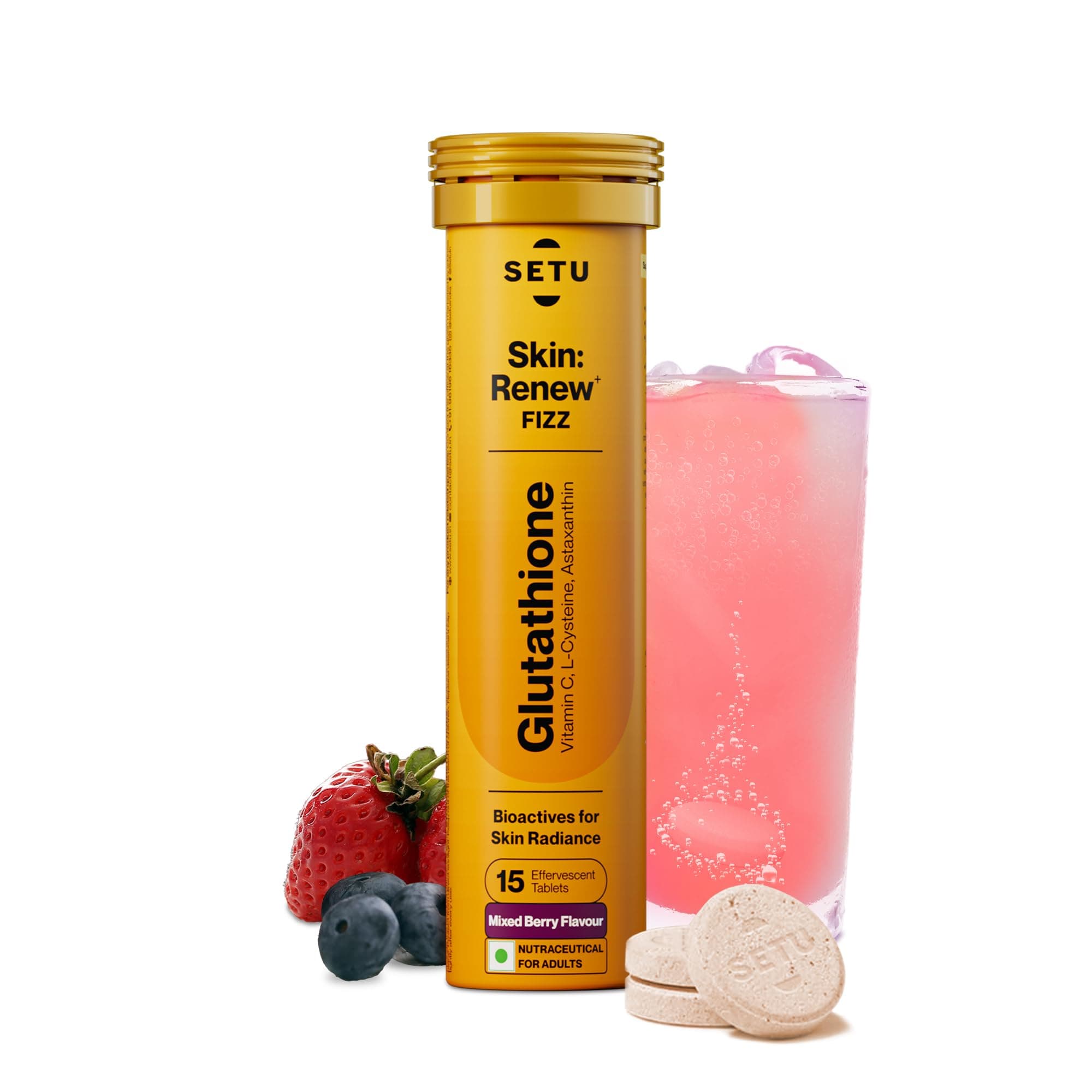 Setu Skin Renew Glutathione Tablets for Glowing Skin | 15 Effervescent Tablets with 500mg L-Glutathione & Vitamin C | Antioxidant & Skin Glow Supplement for Clear Skin | Mixed Berry (Pack of 1)