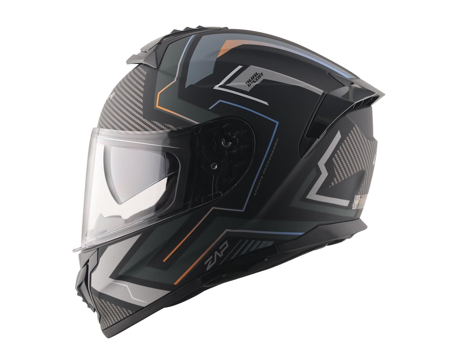 Vega Zap Explore D/V Full Face Riding Helmet with Dual Visor, Shock Absorbing Liner, Comfortable Interior, Lightweight Build, Aerodynamic Design, and Modern Dull Black Grey Styling Dull Black Grey-M