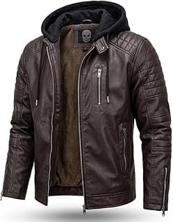 Blaq Ash Men's Faux Leather Biker Jacket with Removable Hood, Quilted Shoulder, Dark Brown