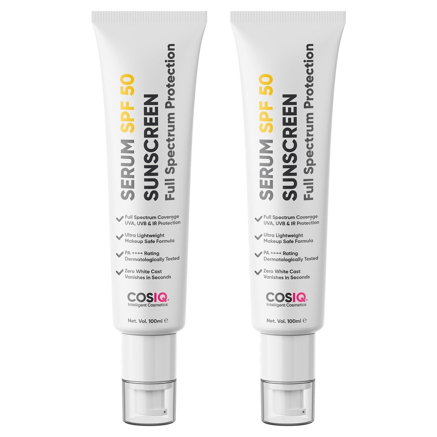 Cos-IQ Sunscreen SPF 50 PA++++ Serum | UVA/B & Blue Light Protection for Men & Women | Broad Spectrum Sun Protection | Oily, Dry, Sensitive & Combination Skin | No White Cast | 100ml, Pack of 2