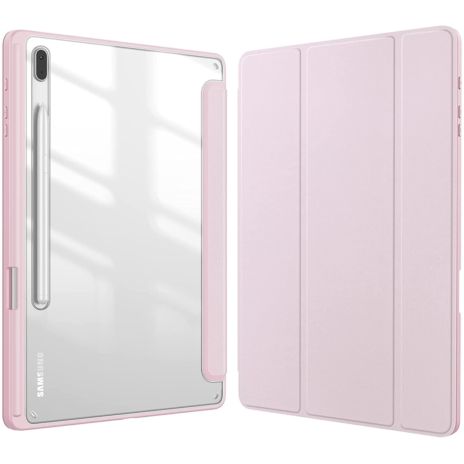 SwooK Hybrid Case for Samsung Galaxy Tab S8 Plus 2022 / S7 FE 2021/ S7 Plus 2020 12.4 inch with S Pen Holder Shockproof Clear Back Shell Auto Wake/Sleep Flip Cover Case (Pink)