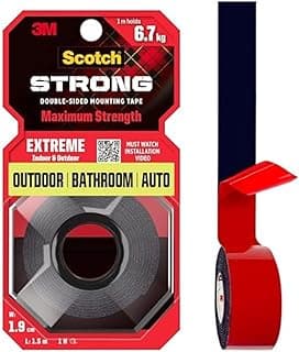 3M Scotch Extreme Double Sided Tape, Heavy duty, 1M Holds 6.7Kg, Strong Adhesive, Works On Uneven Surfaces, Weather Resistant, Works On Auto Interior Surfaces, (L: 1.5m, W: 19mm), Black