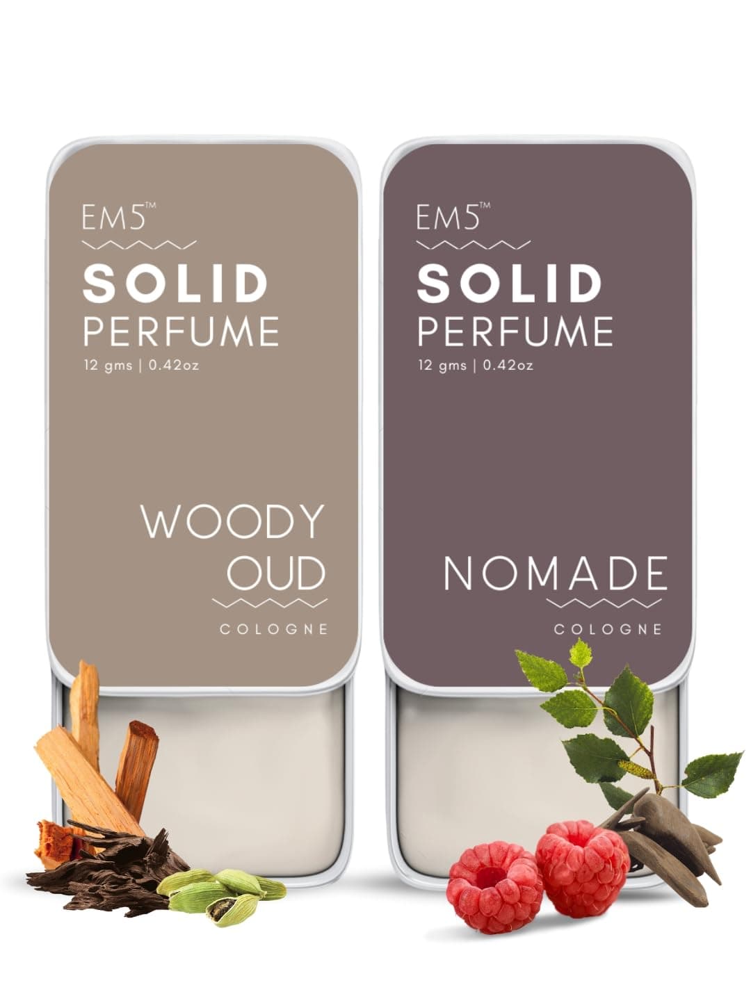 EM5 Combo Pack of Alcohol Free Solid Perfumes | Woody Oud & Nomade for Men & Women | Non-Greasy Cologne | Strong & Lasting Fragrance | Gifting Pack for Him & Her