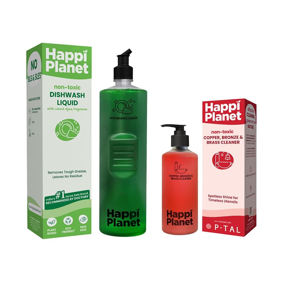 Happi Planet | Dishwash Liquid and Copper, Bronze & Brass Cleaner Combo | Natural, Non- Toxic & Plant-Based | Removes Tough Grease, Leaves No Residue | Zero Abrasives, Zero Scratches