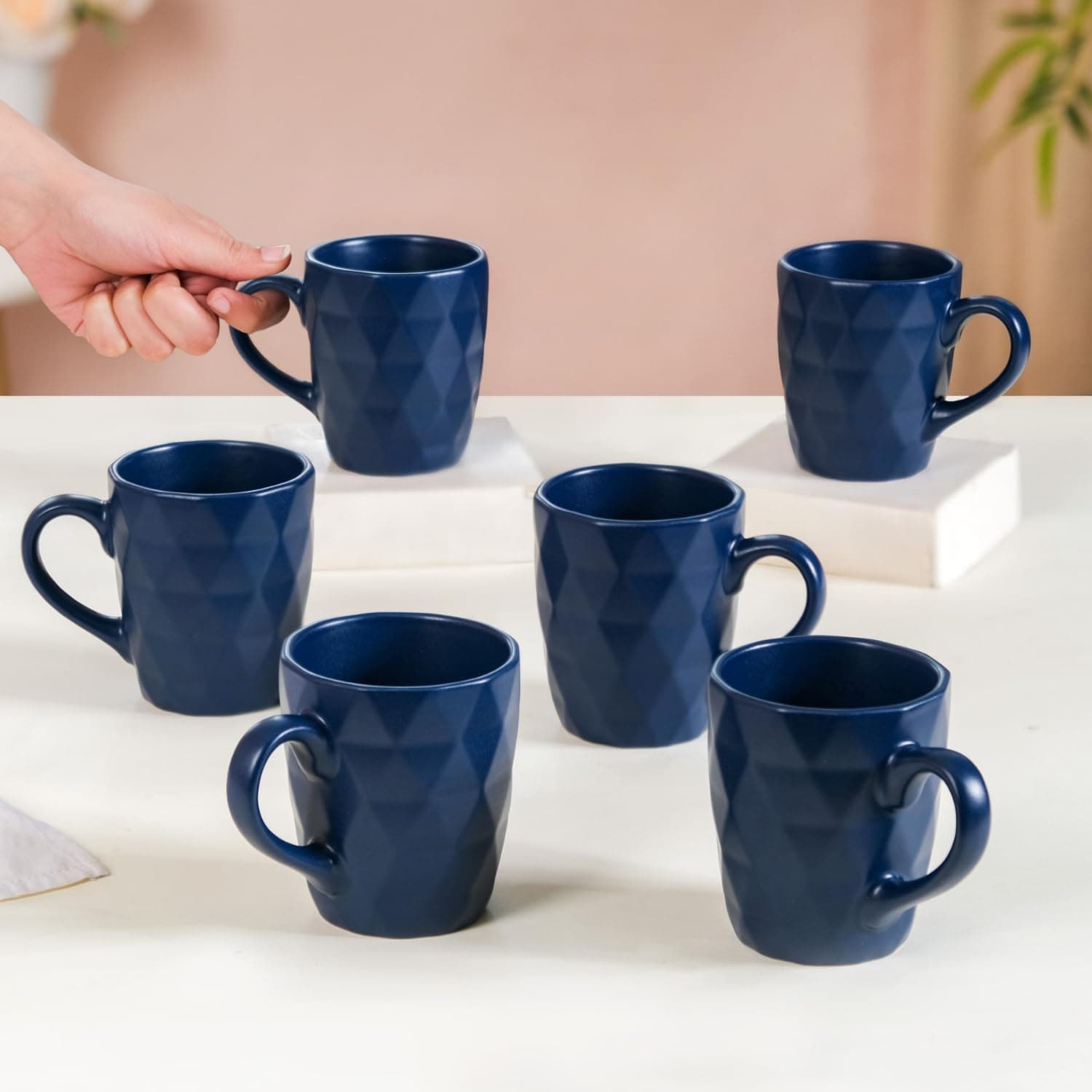 Nestasia Coffee Mug Set of 6(220 ml) | Microwave & Dishwasher Safe Tea & Coffee Mugs with Textured Finish | Ideal for Gifting (Textured Navy Blue)