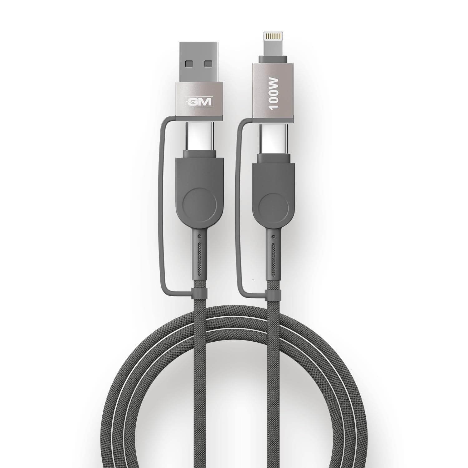 GM G+ 4-in-1 100W Charging Cable | Type-C, Type-A & Lightning | Fast Charging for Laptops, Tablets & Phones, 20,000 bend cycles tested | 480Mbps Data Speed | Tangle-Free | 1 Year Warranty | 120cm