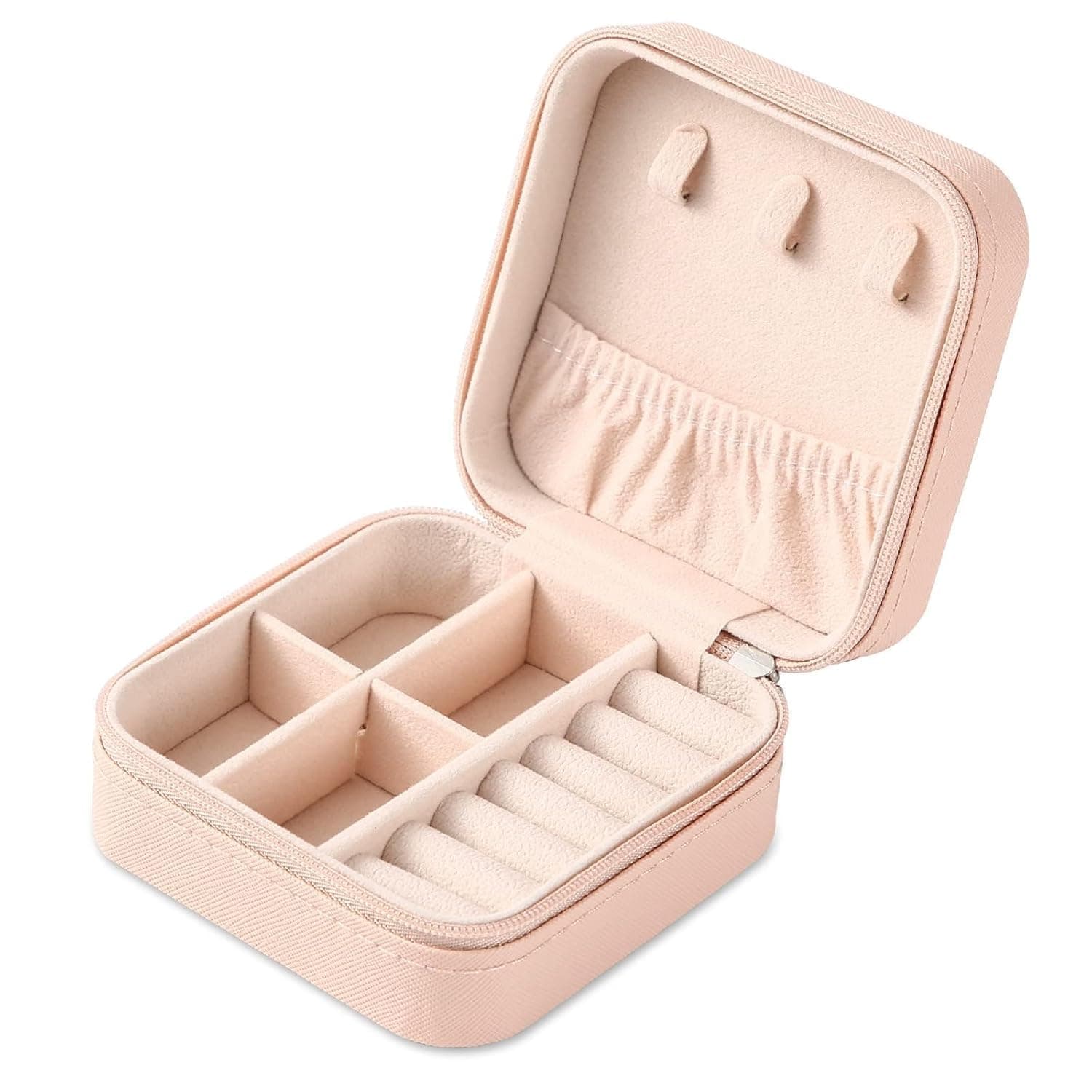 PIXSHINE Mini Jewellery Travel Case, PU Leather Organizer Box, Small Portable Jewellery Storage Holder for Womens Rings Earrings Necklaces (Peach-PU Leather Box) (Peach)