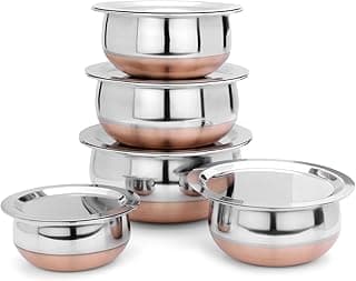 LiMETRO STEEL Set of 5 Copper Coated Stainless Steel Handi Set/Serving Set with Lid (Capacity : 0.5 LTR, 0.75 LTR, 1 LTR, 1.5 LTR & 2 LTR)