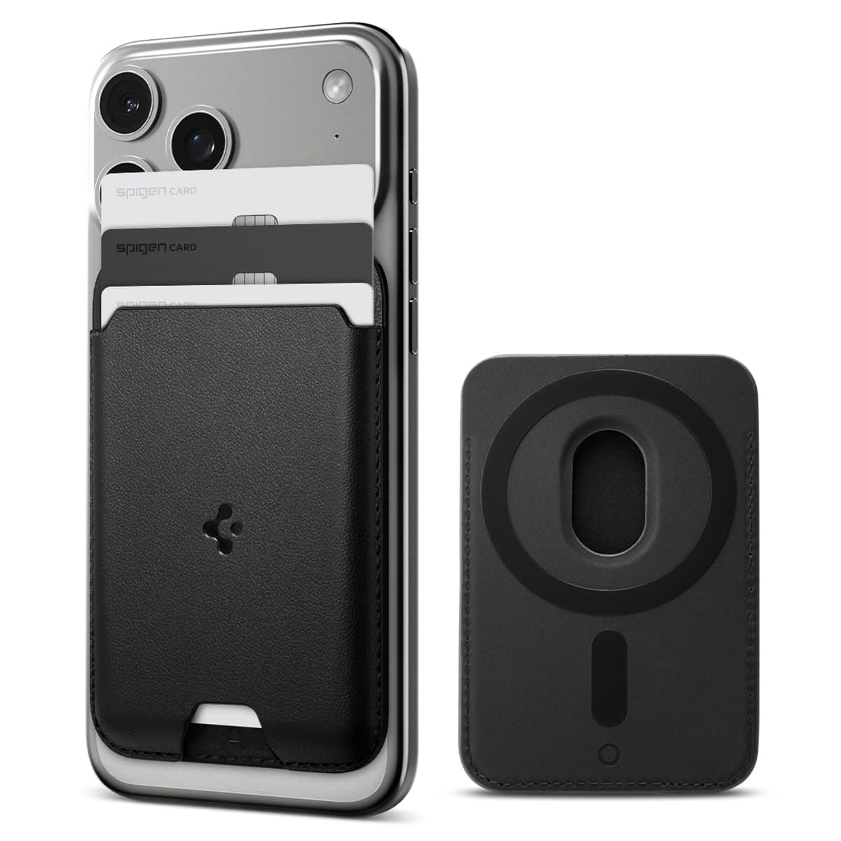Spigen Valentinus (Magfit) Magnetic Card Holder up to 3 Cards, Faux Leather MagSafe & Pixelsnap Wallet Compatible with iPhone 17/16/15/14/13/12 Models, Pixel 10 Series - Black