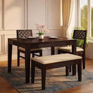 Solid Sheesham Wood 4 Seater Dining Table Set with Bench & Chairs | Handcrafted Wooden Dining Set for Home | Dark Walnut Finish (CNC 2 Chair 1 Bench Walnut)
