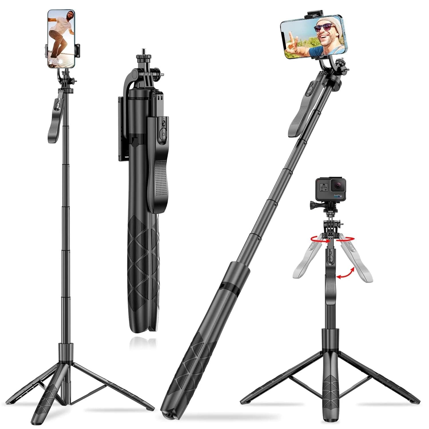 Kratos CT Upgraded 61 Inch Long Selfie Stick, Balance Handle for Anti Shake Shooting, 6 Section Telescopic design fr Wide-Angle Photography, Selfie Stick with Tripod stand for Gopro,Camera & Ringlight