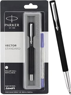Parker Vector Standard Chrome Trim Roller Ball Pen| Black Body Color| Ink Color - Blue | for Employees | Perfect for Professional Use