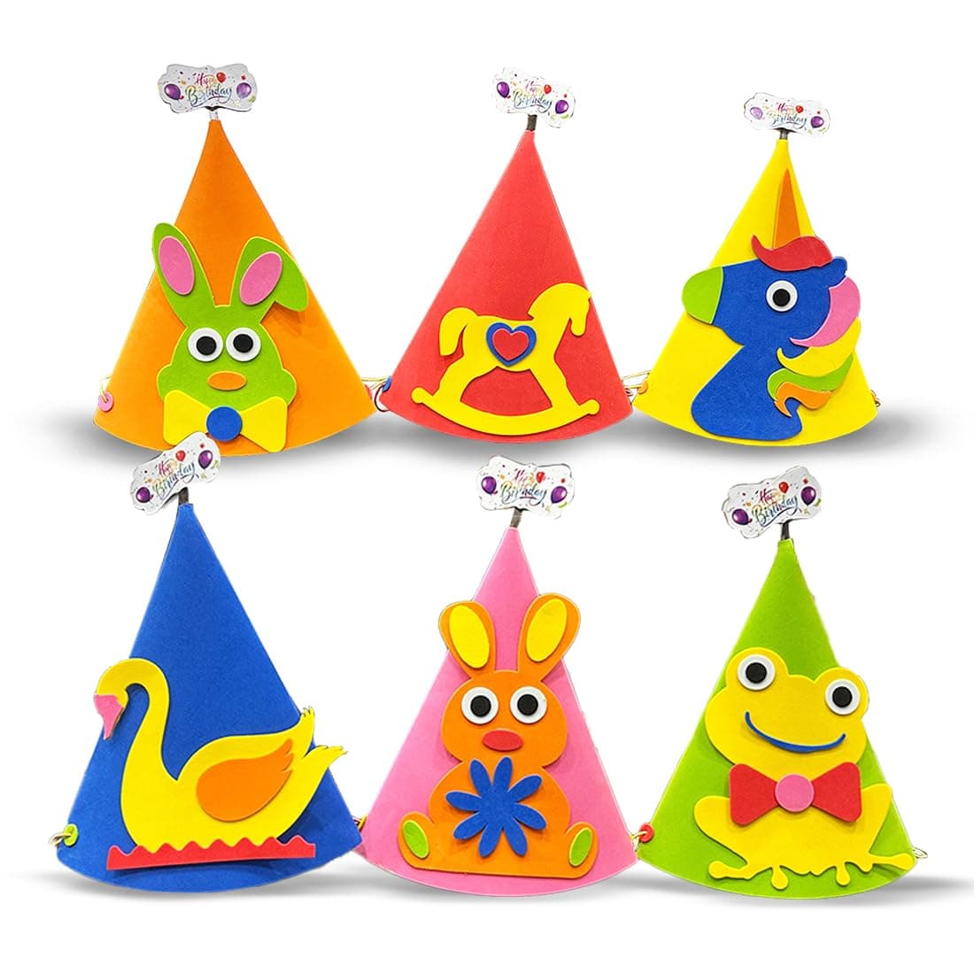 Wembley Happy Birthday Caps for Birthday Party Hats for Kids Pack of 6 Colorful Soft Foam Hats for Gentle Heads with Cute Animal Designs Fun & Festive Party Supplies for Boys & Girls