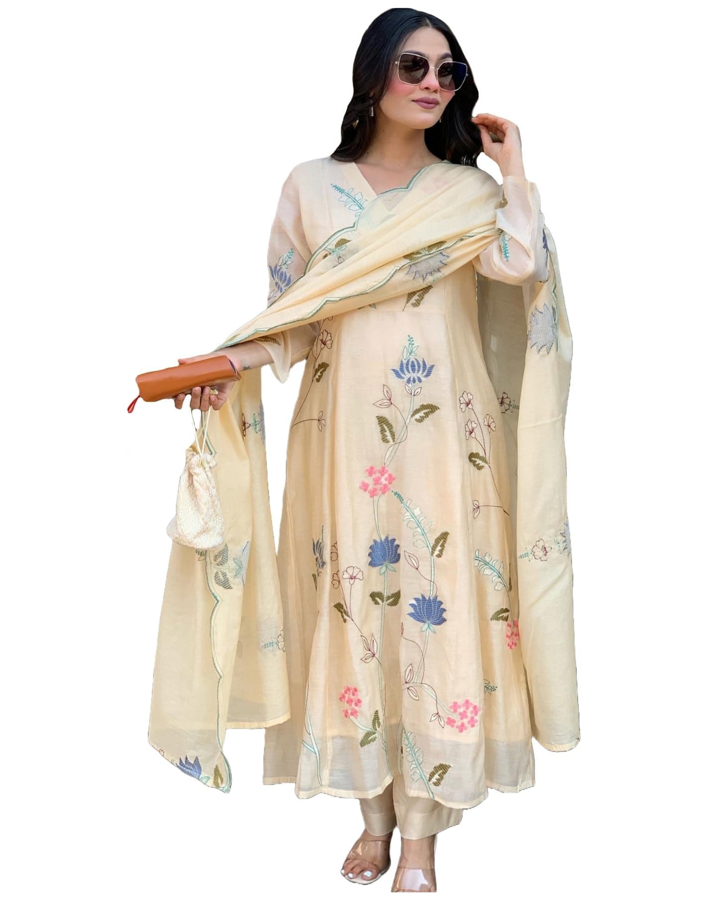 GoSriKi Women's Rayon Viscose Embroidered Anarkali Kurta with Pant and Dupatta | Three Piece Ethnic Kurta Set for Women with Elegant Design
