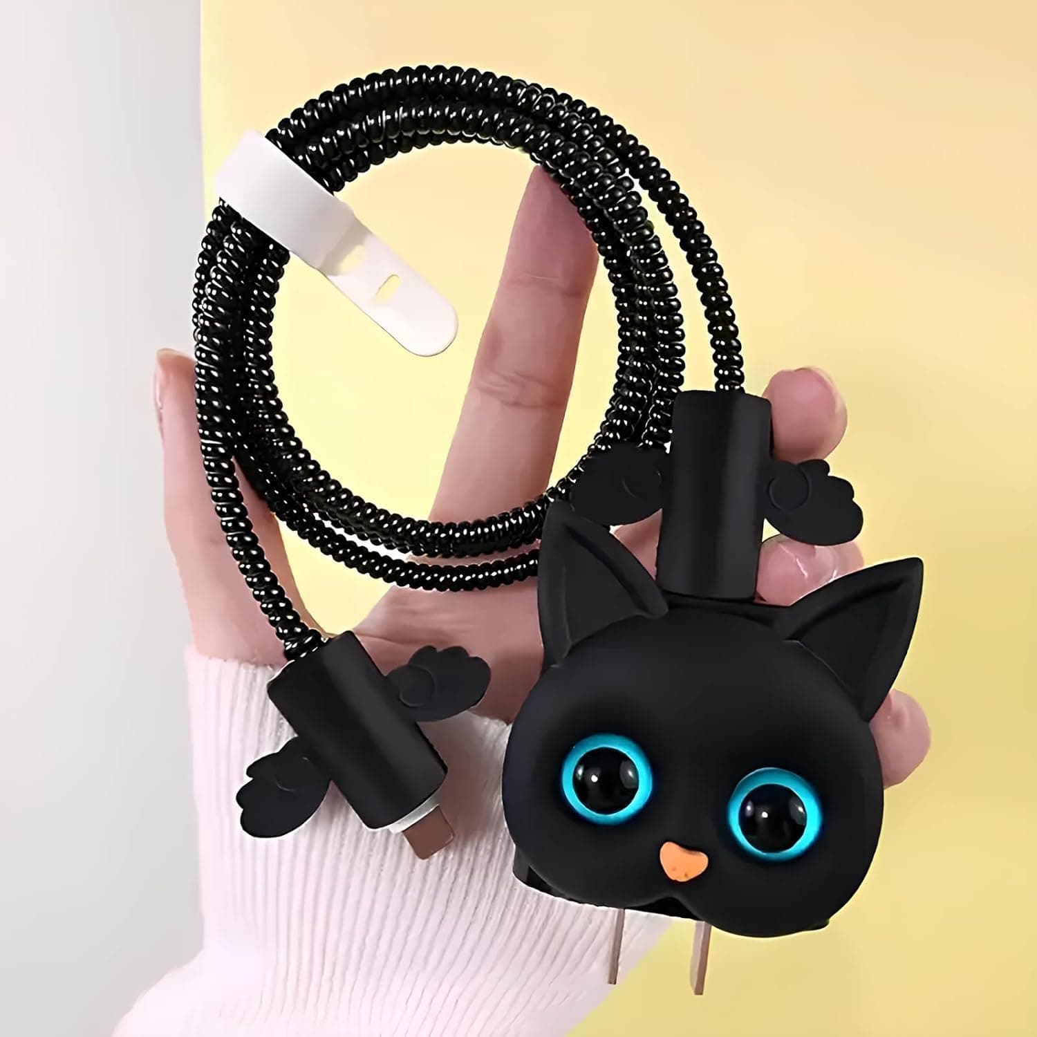 CERLINK Charger Protector for iPhone Apple Chargers 18W & 20W, 3D Cute Pattern Cartoon Cable Sleeve Data Saver Protective Case Cover Silicone Full Protection (Black Cat)