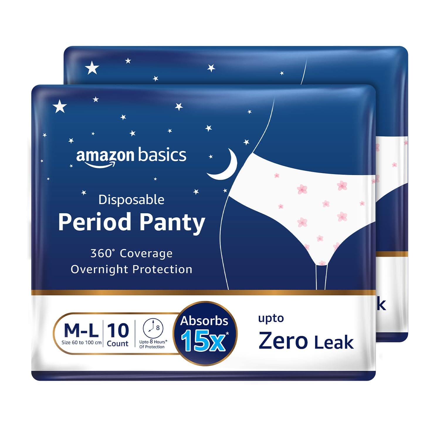 Amazon Basics Disposable Period Panties For Girls & Women | M-L | 20 Count (10 x Pack of 2) | 360° Coverage | Up to 8 Hours of Protection | Leak Proof | Overnight Comfort | Period Panty