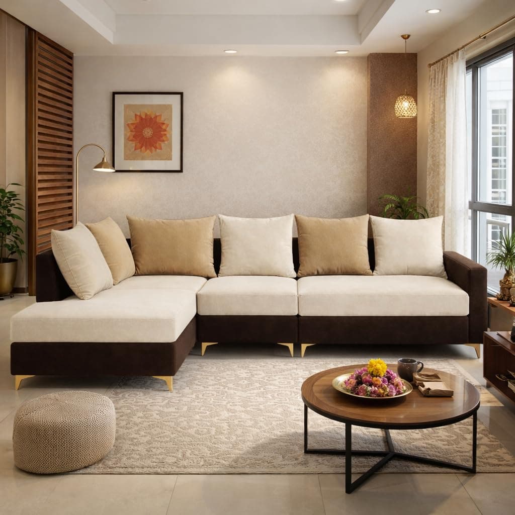 FURNY Gloriss 6 Seater Fabric LHS L Shape Sofa Set with Multi-Color Beige Cushions (Cream-Dark Brown) Premium Velvet Finish with Golden Legs | Ideal for Living Room, Offices