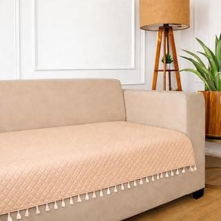 STITCHNEST 3 Seater Quilted Velvet Sofa Cover with Tassels | Elegant Beige Sofa Protector for Living Room | Soft, Washable | Perfect for Enhancing Living Room Interiors