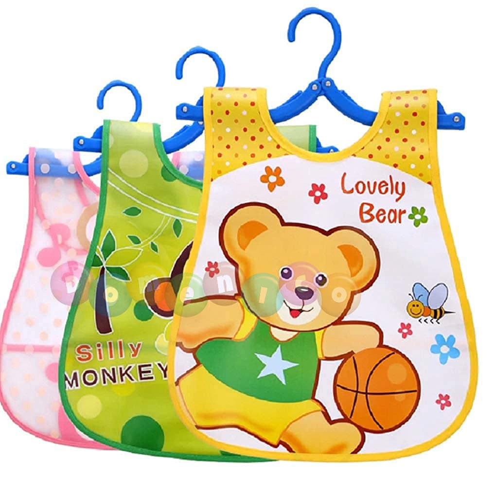 DOMENICO Washable Colorful Waterproof Baby Apron cum Bib Unisex Cute Cartoon Baby Bib Drool Baby Bib Baby Feeding Bibs for Infant Toddler 9 Months to 6 Years Old- Random Print