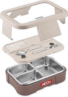 MILTON Ethan 3 Inner Stainless Steel Tiffin Box for School, 3 Partition, Steam Release Plug | PU Insulated, Leak-Proof, Food Grade I Lunch Box for Kids Boys, Girls with Snap Lock Lid, 600 ml, Taupe