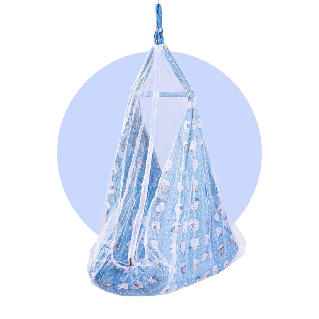 BAYBEE LunaNest Hanging Cradle for New Born Baby | Baby Swing with Mosquito Net and Spring | Portable Thottil/Uyyala/Jhula for Kids with Bedding Set for 0 to 2 Years Boys Girls (Blue)