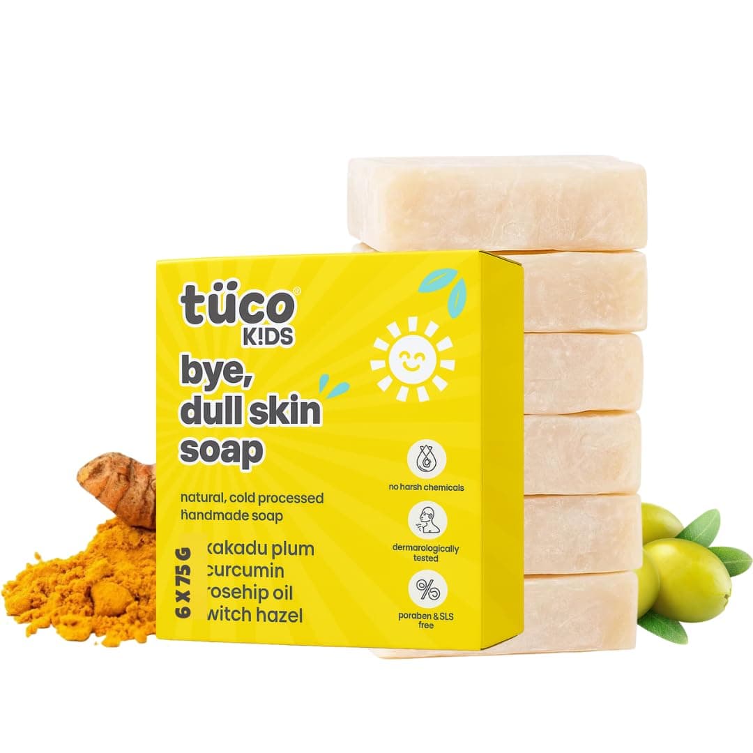 Tuco® Kids Bye, Dull Skin Soap Pack of 6X75gm with Turmeric, Shea Butter & Coconut Oil | Perfect for Dull & Sensitive Skin | Paraben & Sulphate Free | Ages 2-5, 5-10, 10-15 | 6x75gm