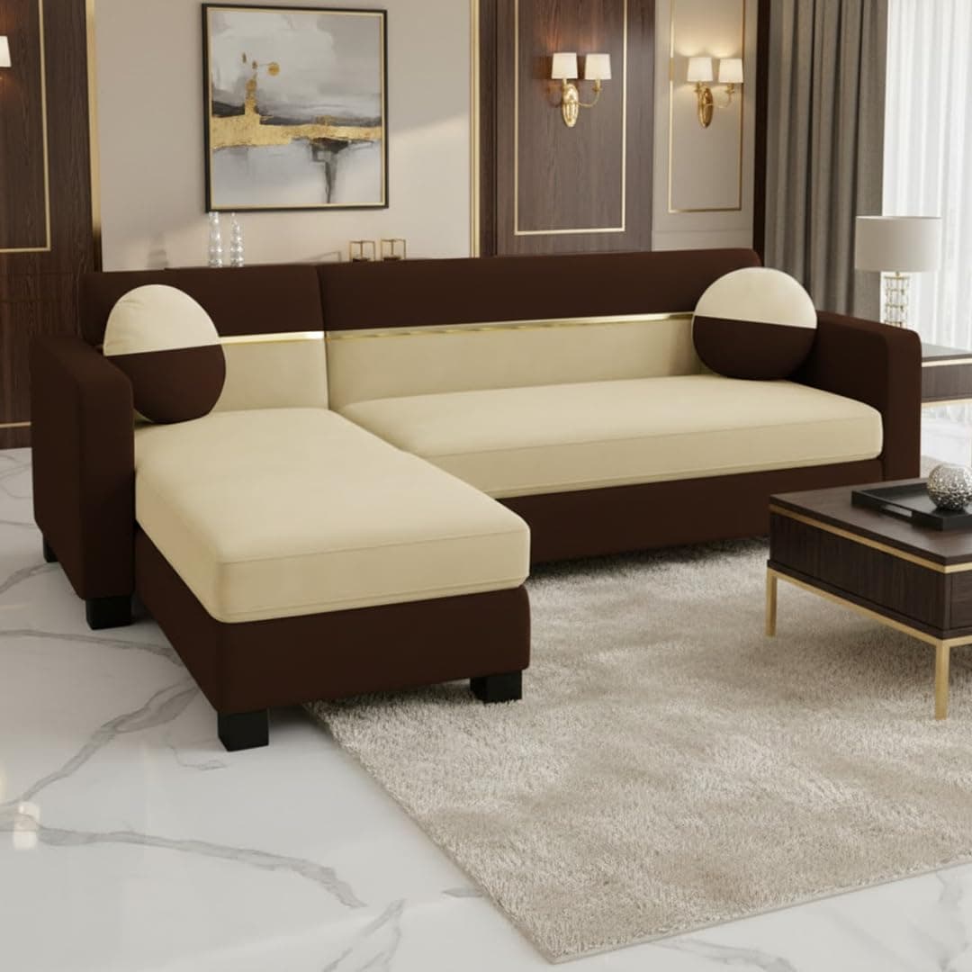 FURNY Bronster 4 Seater Fabric LHS L Shape Sofa Set (Cream-Dark Brown) Premium Velvet Finish | Durable Comfort | Ideal for Living Room