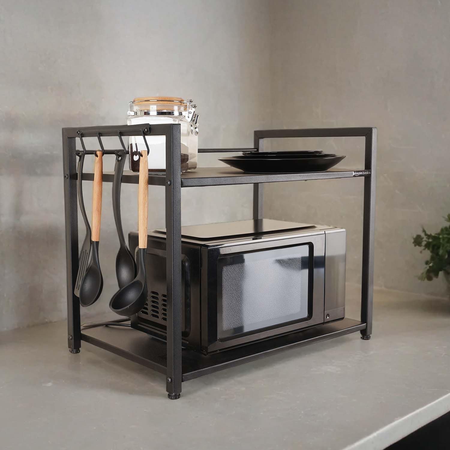 Amazon Basic Metal Microwave Stand || Microwave & OTG Stand for Kitchen Counter|| Double Platform for Extra Storage with Hooks|| Kitchen Oven Rack(Black, Tiered Shelf) | 61.0L x 40.5W x 50.9H CM