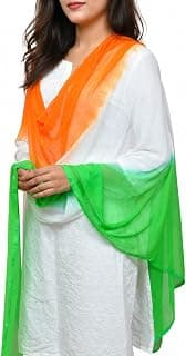 Tiranga Dupatta, Tricolor India Chunni, Independence & Republic Day Ethnic Tri Color, Chiffon Blend & Nylon Net, Orange White Green w/Golden Dots & Tassels, Wrinkle Free | DO NOT IRON
