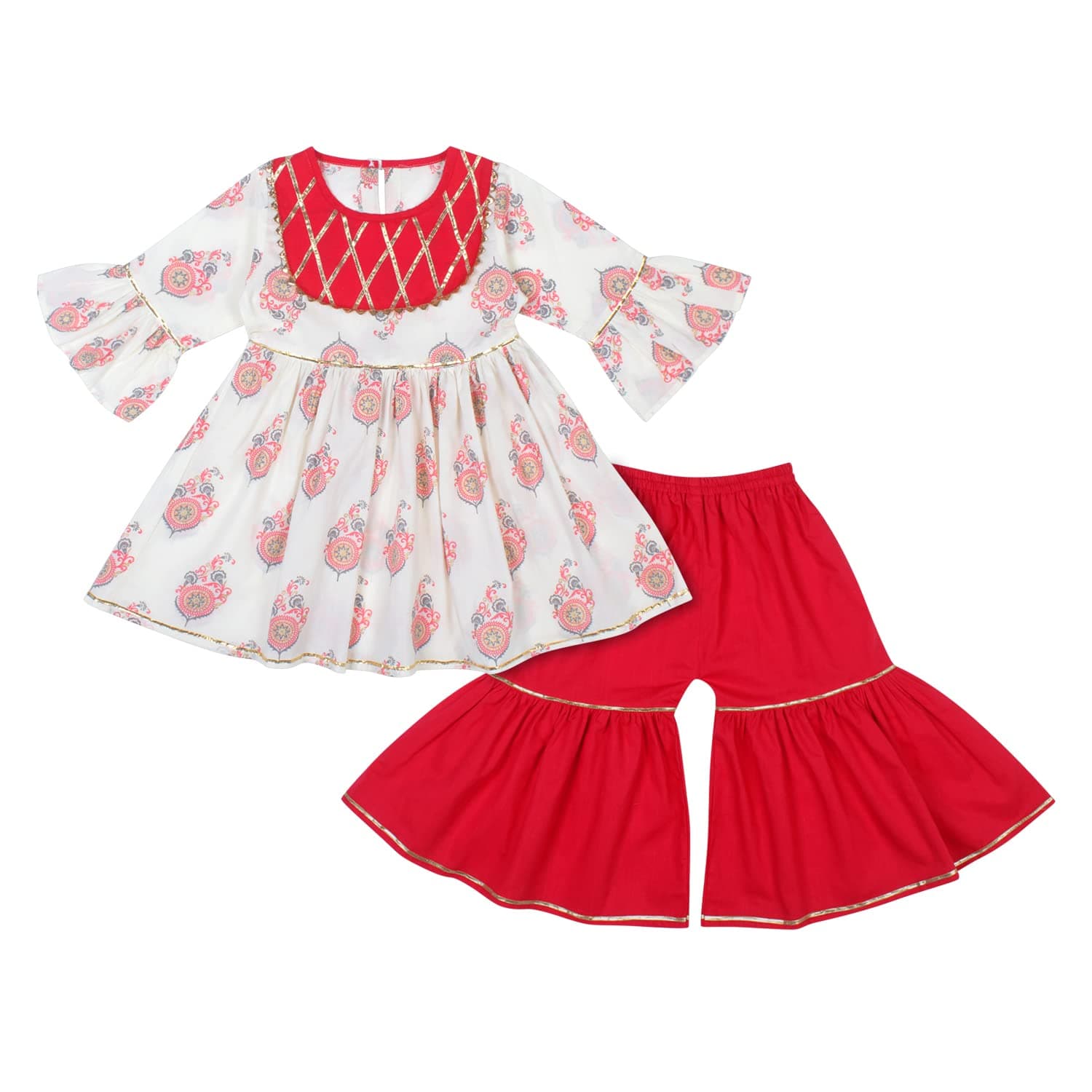 superminis Baby Girls Cotton Sanganeri Printed Kurti with Colorful Sharara Suit
