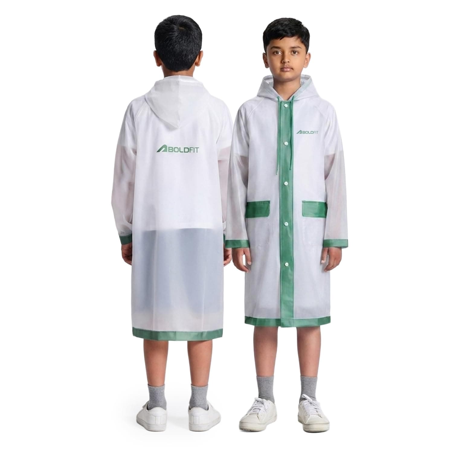 Boldfit Raincoat for Kids Smart Back Long Raincoat with Hood Waterproof Rain Coat for Boys & Girls Lightweight School Poncho Jacket with Pockets & Buttons- White Green, 13-15 Years