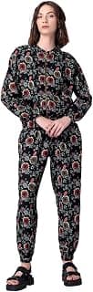 FabAlley Women's Rayon Black Floral Bomber Jacket and Jogger Pants Co-ord Set Calf Length Dress