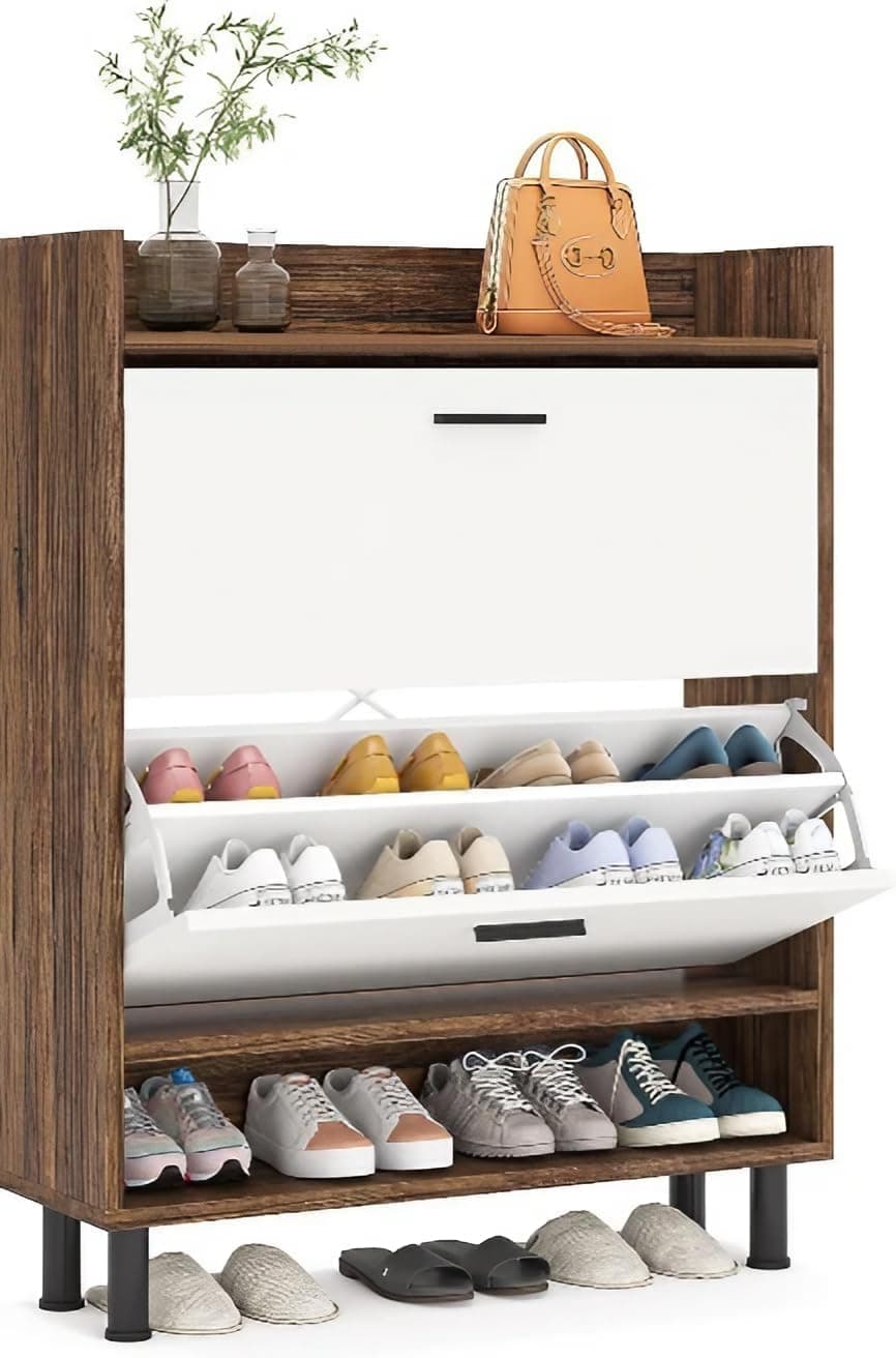 TEKAVO Turnstile Shoe Rack Wooden for Home, 24 Pair Shoe Rack for Living, Wooden Shoe Shelf Storage with Flip Drawers, 2 Large Shelf, (90 Cm x 32 Cm x 109 Cm) White & Brown Wood, Metal - DIY